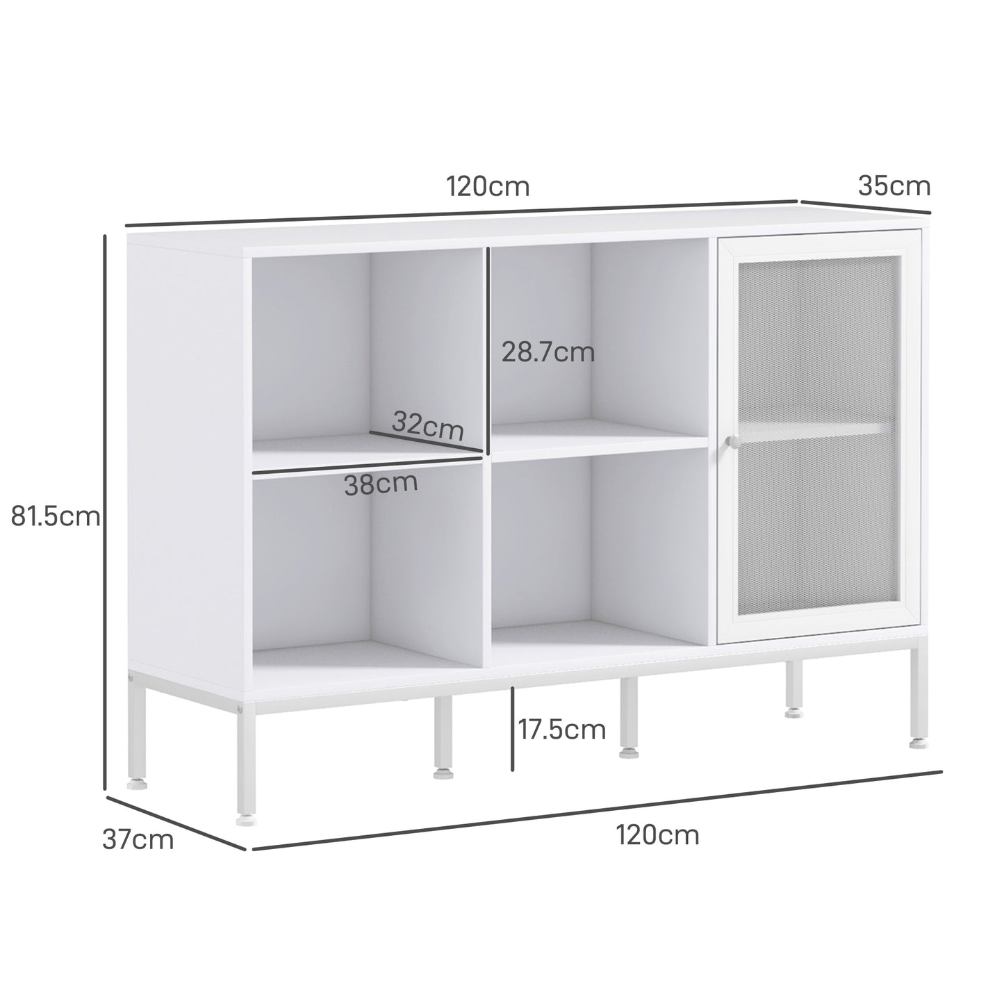 HOMCOM Buffet Cabinet with 4 Open Shelves and Cabinet, in Chipboard and Steel, 120x37x81.5 cm, White