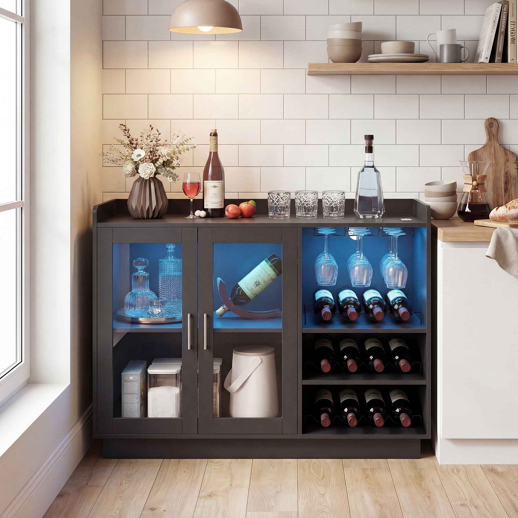 HOMCOM Wine Rack with LED Light and Adjustable Shelf, Wood and Glass, 120x38x88 cm, Black