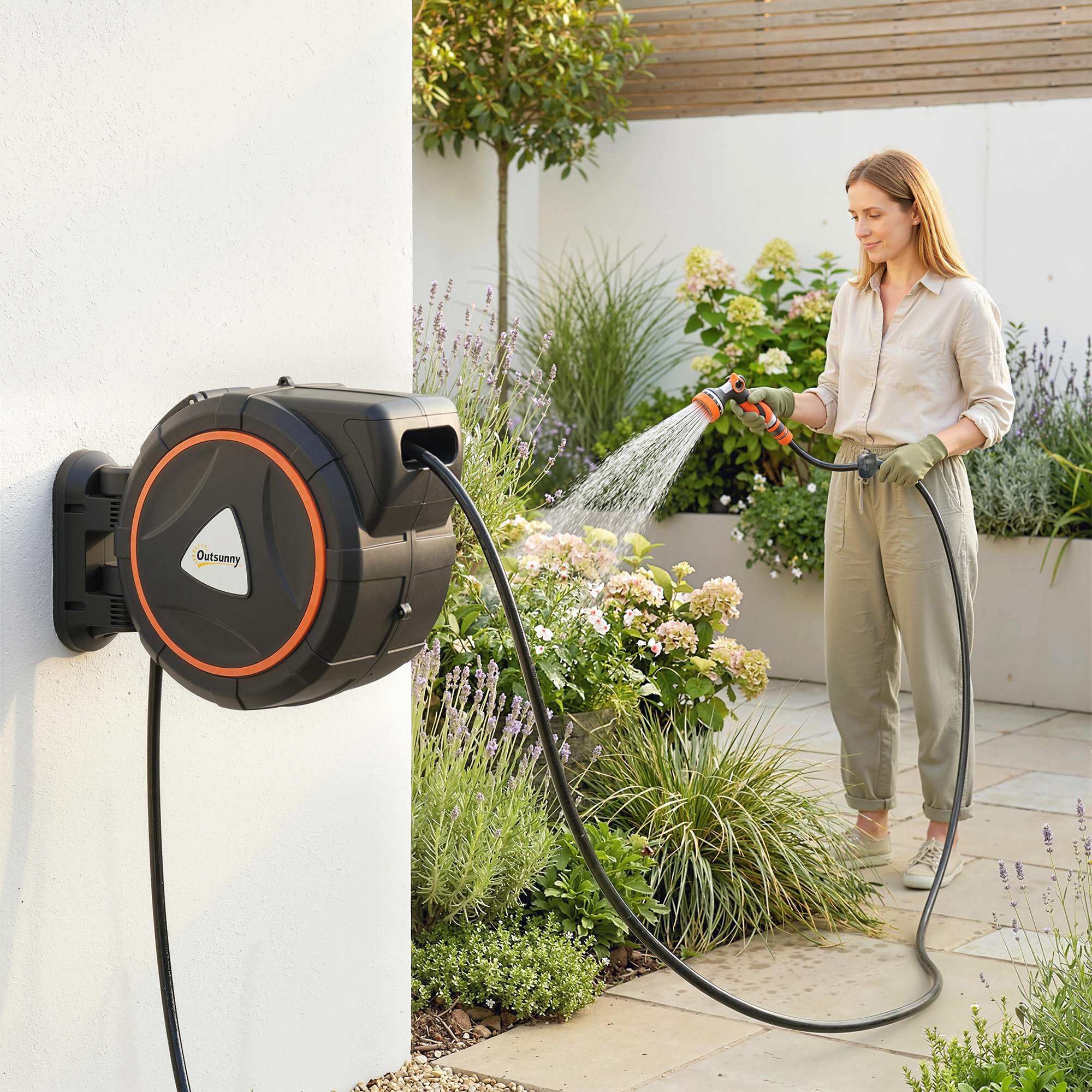 Outsunny 28+2m Retractable Hose Reel with Automatic Rewind and Locking System