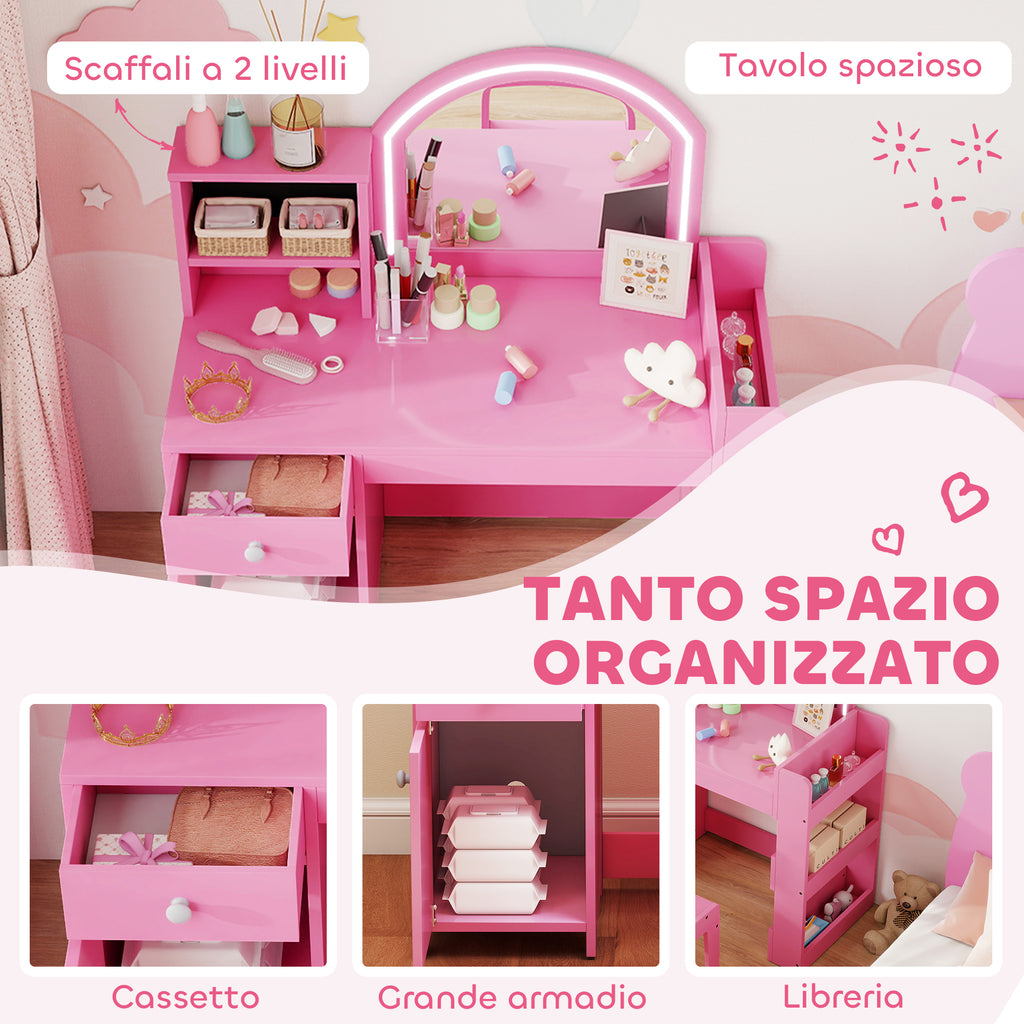2-in-1 Kids Dressing Table Set with Mirror, Chair, LED Light, Cabinet, Shelves and Bookcase, Pink