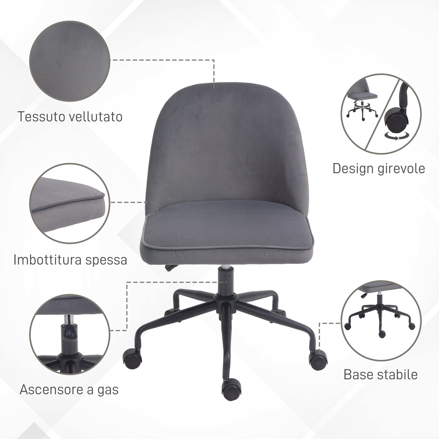 HOMCOM Office Chair with Adjustable Height and Rocking Function, Velvet Fabric Cover, Gray - Borgè