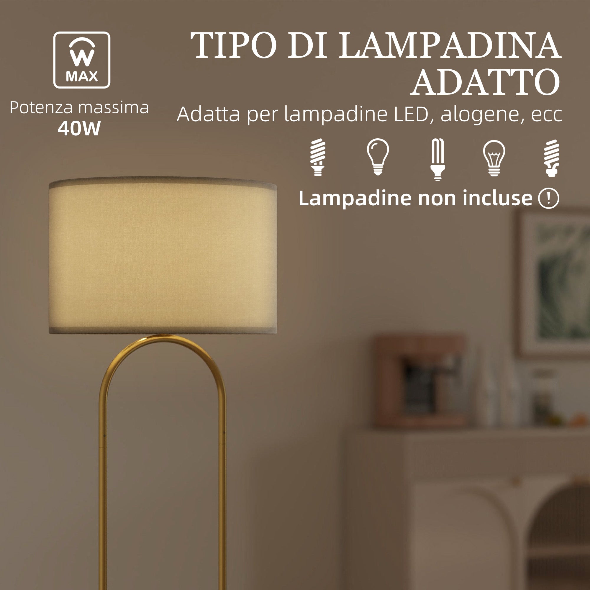 Modern Floor Lamp with Fabric Shade, Double Metal Tube and Foot Switch, Gold
