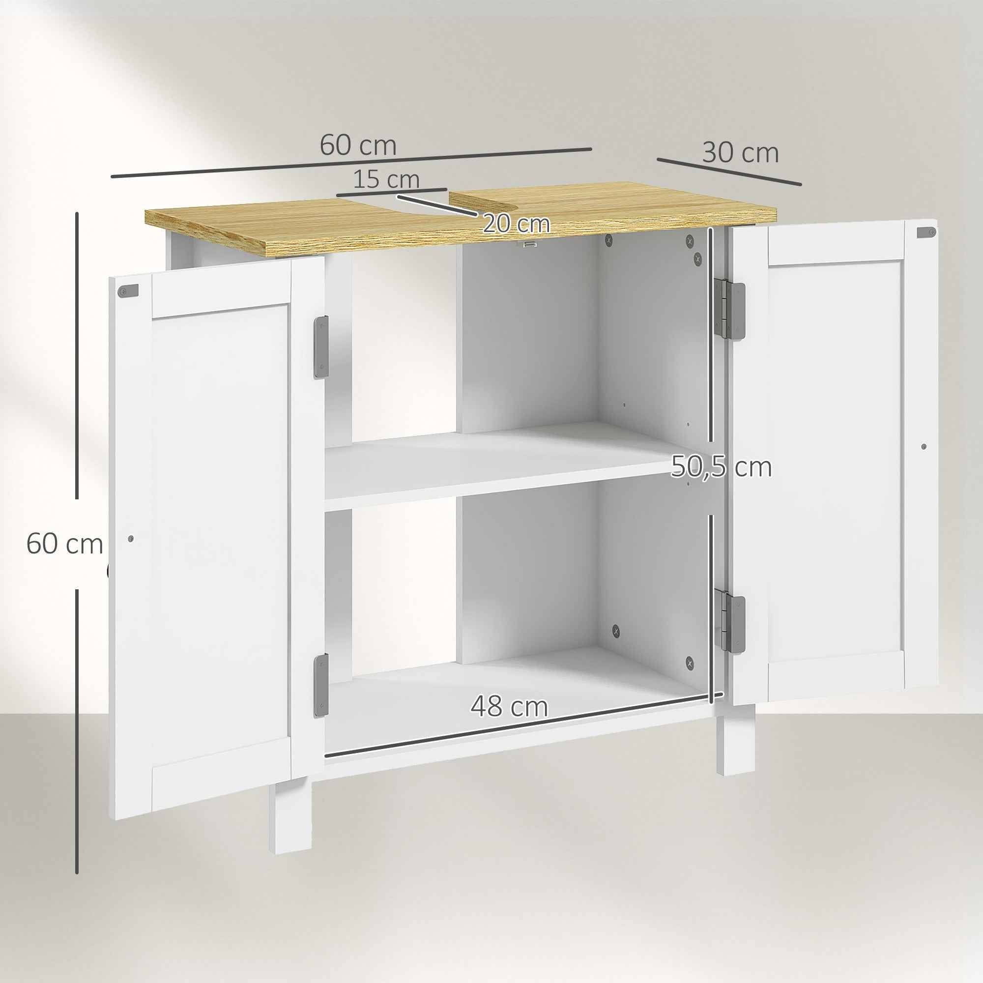 kleankin Bathroom Under Sink Cabinet, 2 Doors, Adjustable Shelf, 2 Storage Levels, PU Handles, 60 x 30 x 60 cm, White