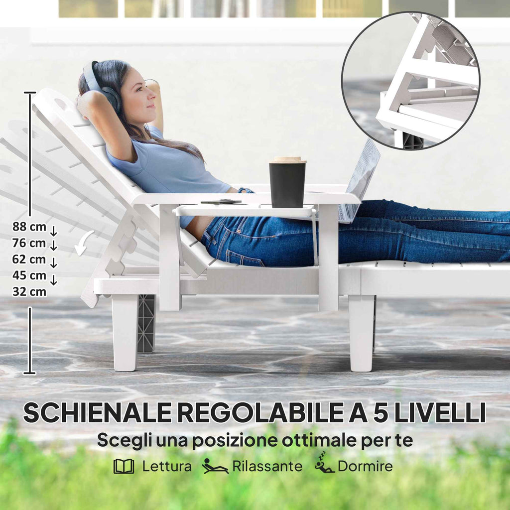 Outsunny Set of 2 Adjustable Garden Loungers with Table and Armrests, in Polypropylene, 79x158x88 cm, White
