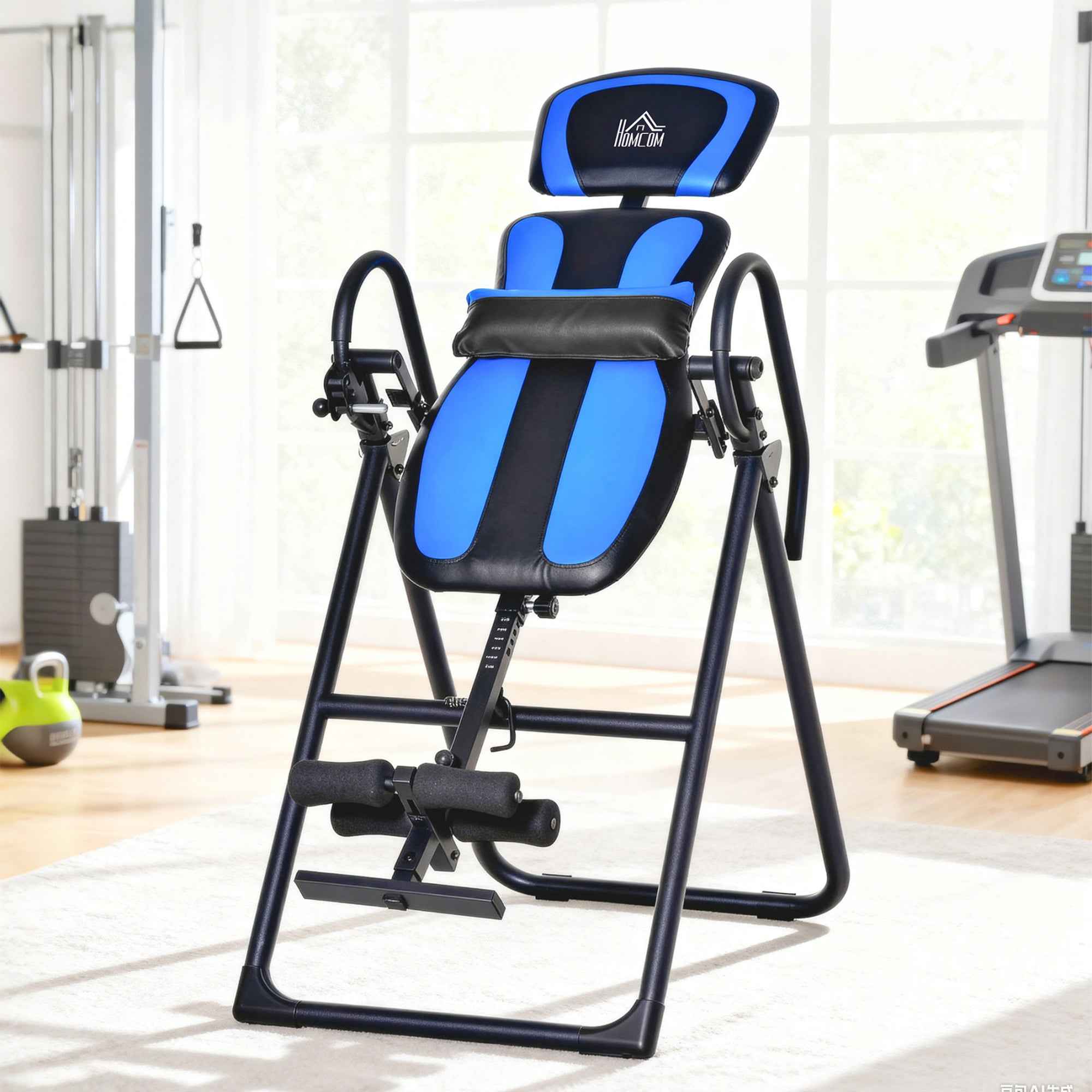 HOMCOM Folding Gravity Inversion Table with Adjustable Length (140-203cm) and Wheels, Black and Blue