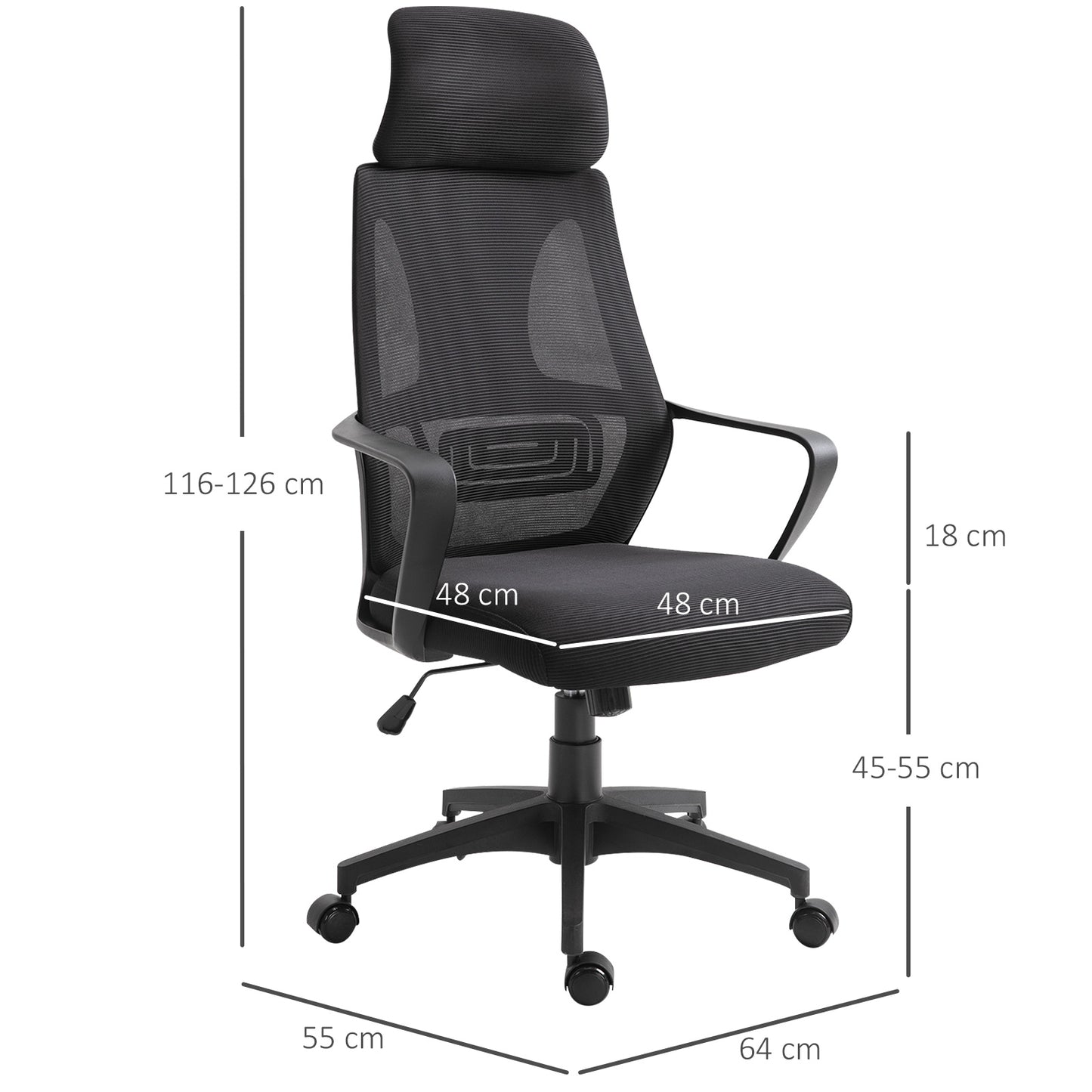 Reclining Office Chair with Headrest and Lumbar Support, Polyester, 64x55x116-126 cm, Black