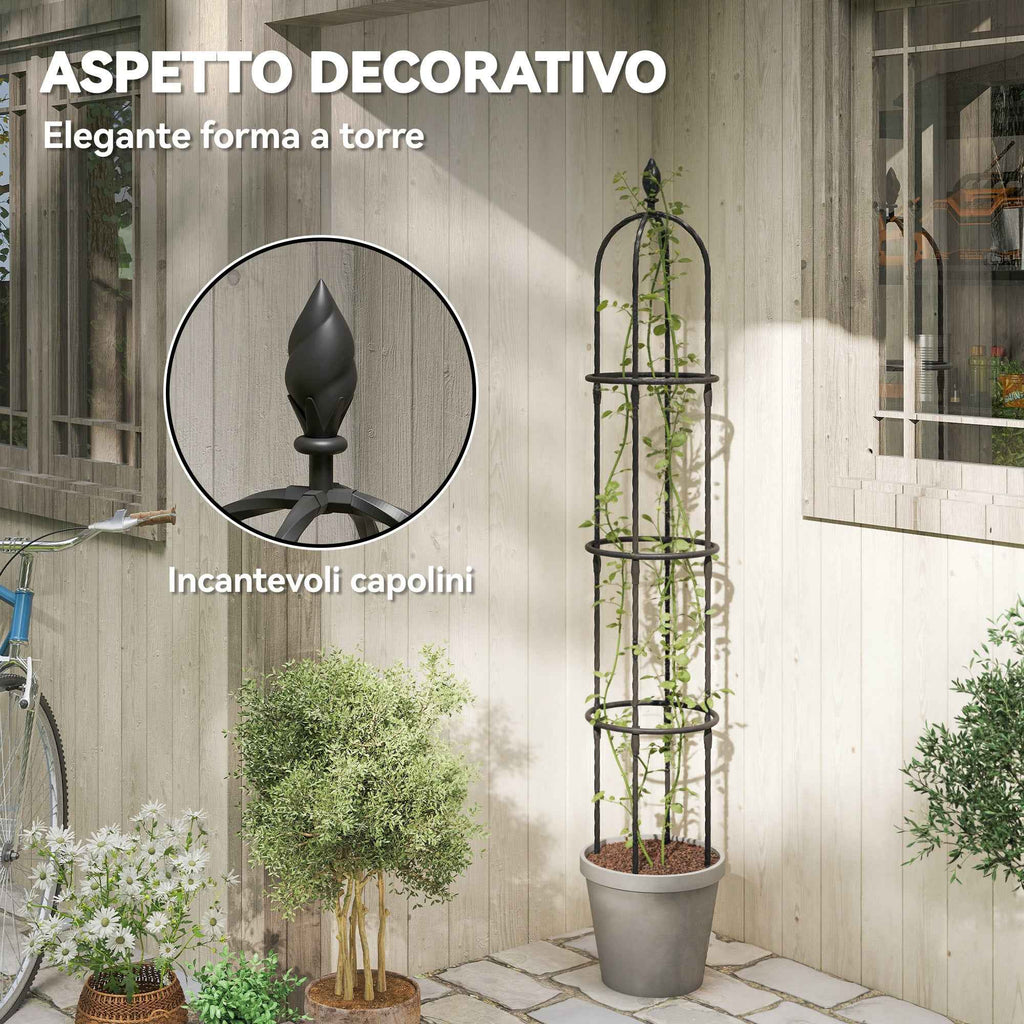 Outsunny 2-Piece 1.7m Tall Rustproof Steel Climbing Plant Supports with Decorative Trim, Black