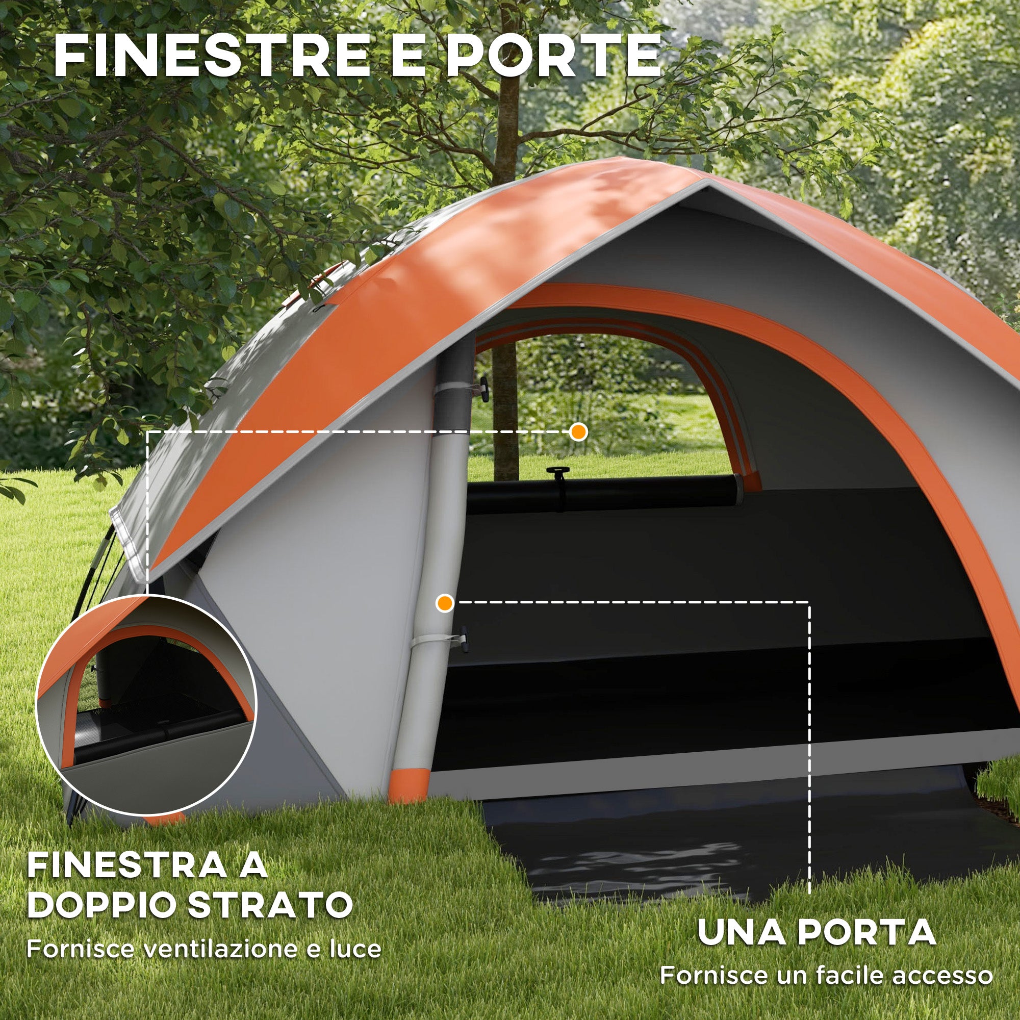 2-Person Camping Tent with Mesh Window and Hook, in Polyester, 210x150x110 cm, Gray and Orange