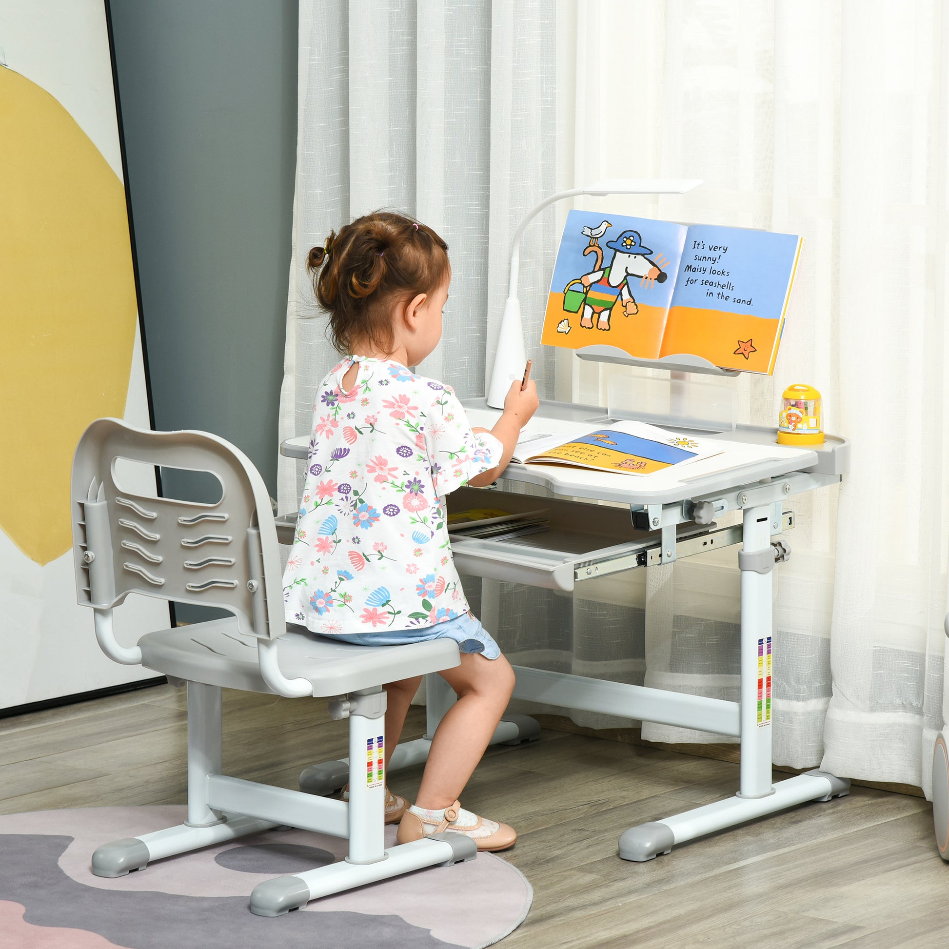 Children's Desk with Chair for 6-12 Years Old with Adjustable Height and Angle, Grey - Borgè