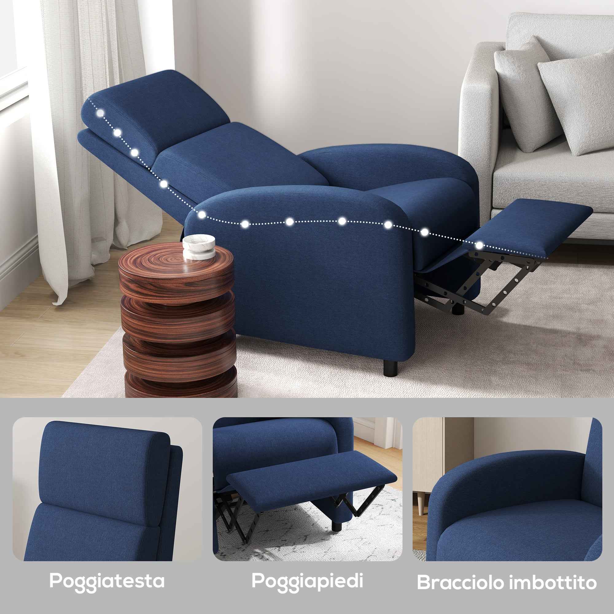 HOMCOM 160° Manually Reclining Relaxing Chair with Fabric Footrest, Blue