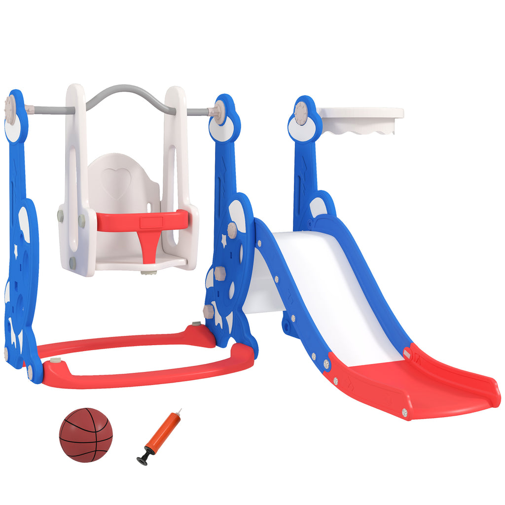 AIYAPLAY 4-in-1 Baby Slide with Swing, Climbing Ladder and Basketball Hoop, 18-48 Months, Dark Blue