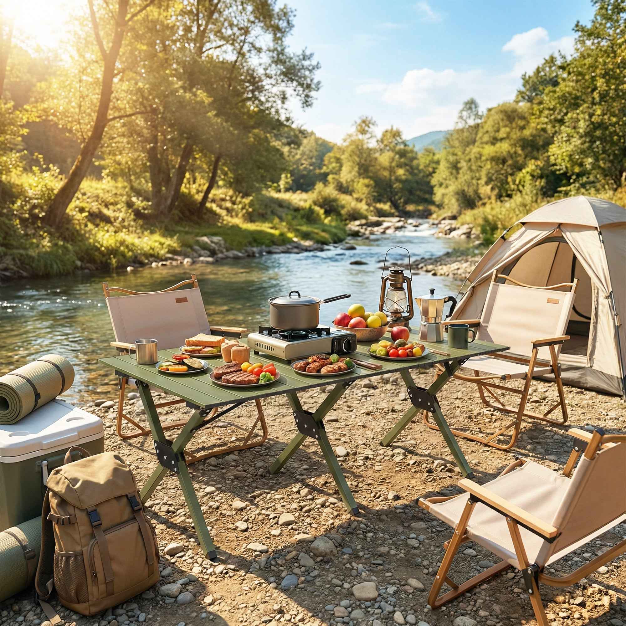 Outsunny 116cm Folding Camping Table, Waterproof Picnic Table with Roll-Up Top and Metal Frame, Portable for Garden, Park, BBQ, Green