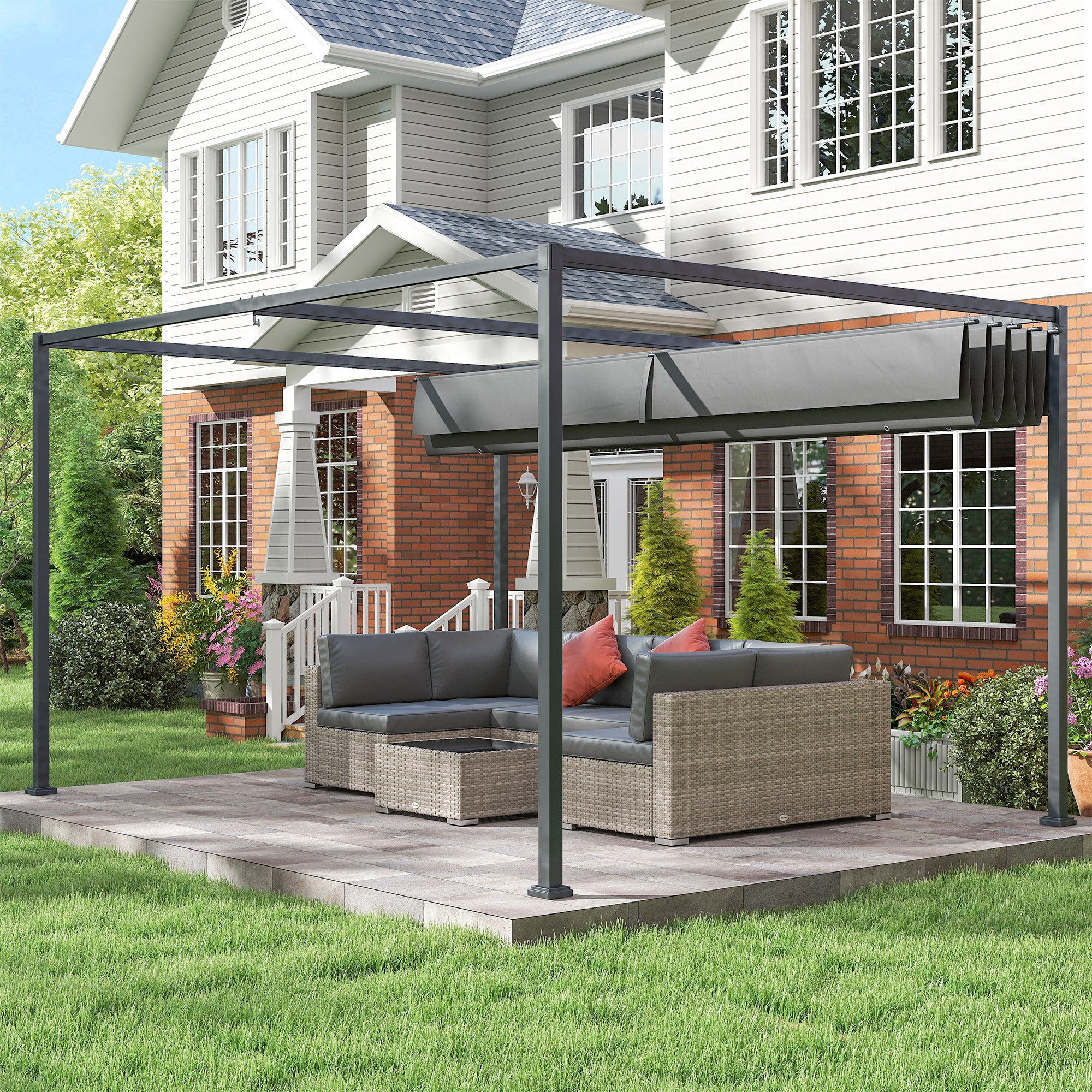 Outsunny Pergola Outdoor Gazebo 4x3 m with Retractable Metal and Polyester Canopy, Dark Grey