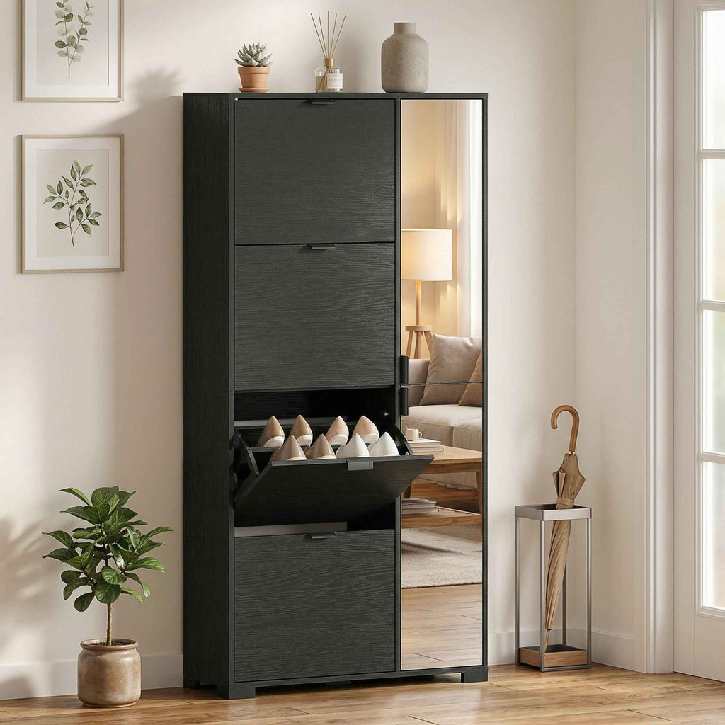 HOMCOM Modern Shoe Rack with Mirror, 4 Drop-Down Drawers, Holds up to 16 Pairs of Shoes, Black