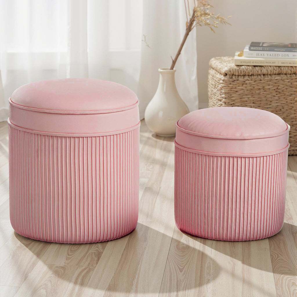 Set of 2 Round Stackable Upholstered Footstools with Velvet Upholstery, 34.8L Storage, Pink