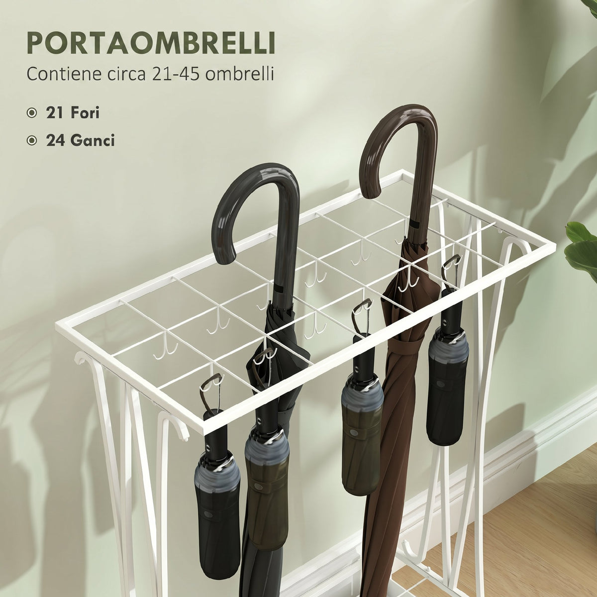 HOMCOM Umbrella Stand with Water Tray, 21 Holes and 24 Umbrella Hooks, Steel, 50x24x68 cm, White