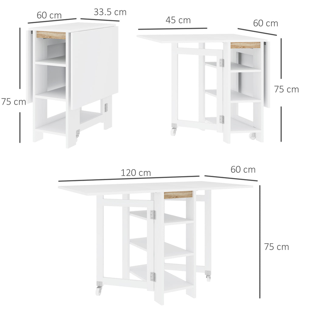 Folding Dining Table with 2 Drop-Leaf Tops and Shelves, Expandable, for 4 People, 120x60x75 cm, White
