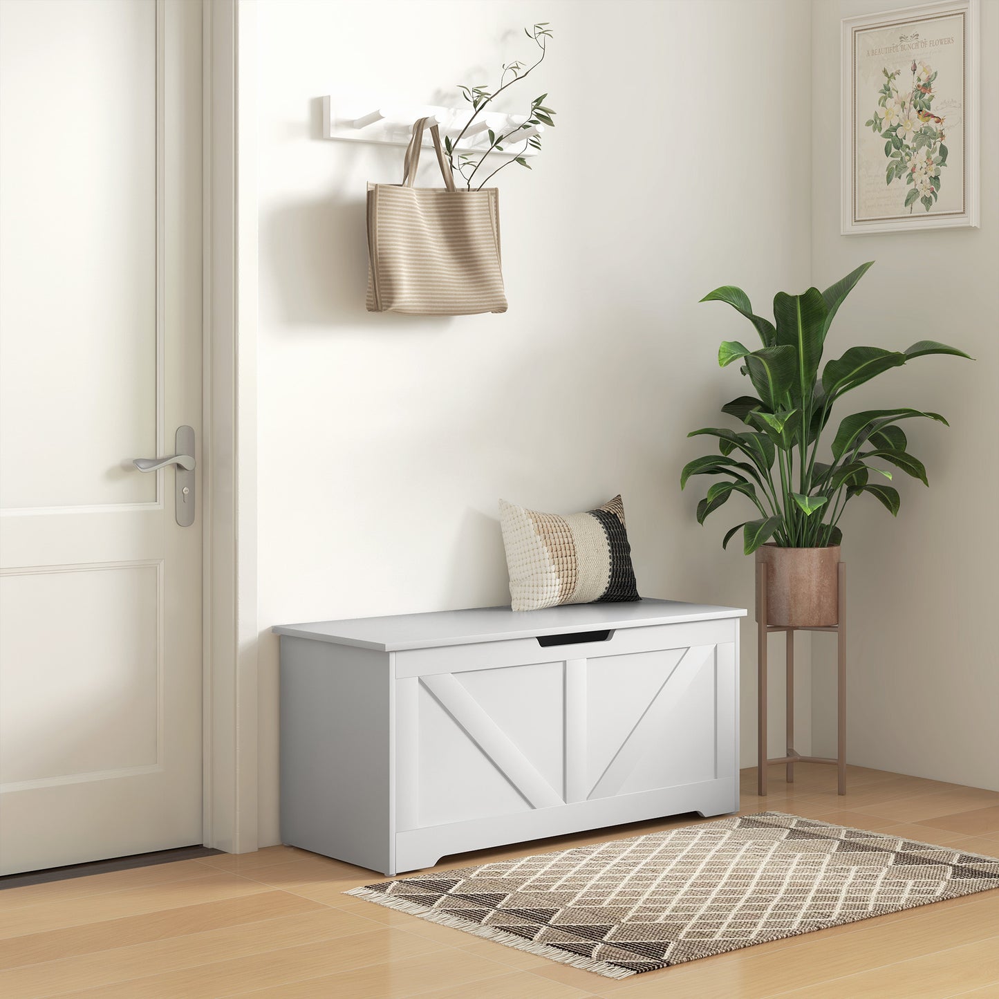 Wooden Chest with Safety Hinges, Storage Bench 127L Capacity, 100x40x45cm, White