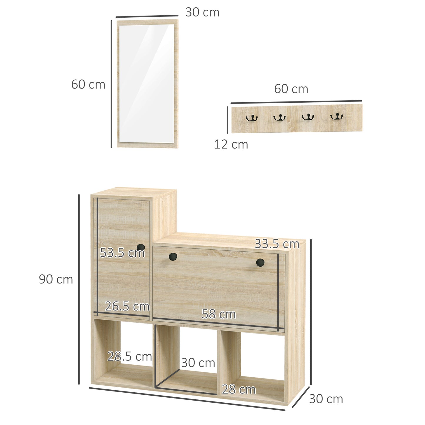 Hallway Set with Wall Mounted Coat Rack 4 Hooks, Shoe Rack for 9 Shoes, Cabinet and Mirror