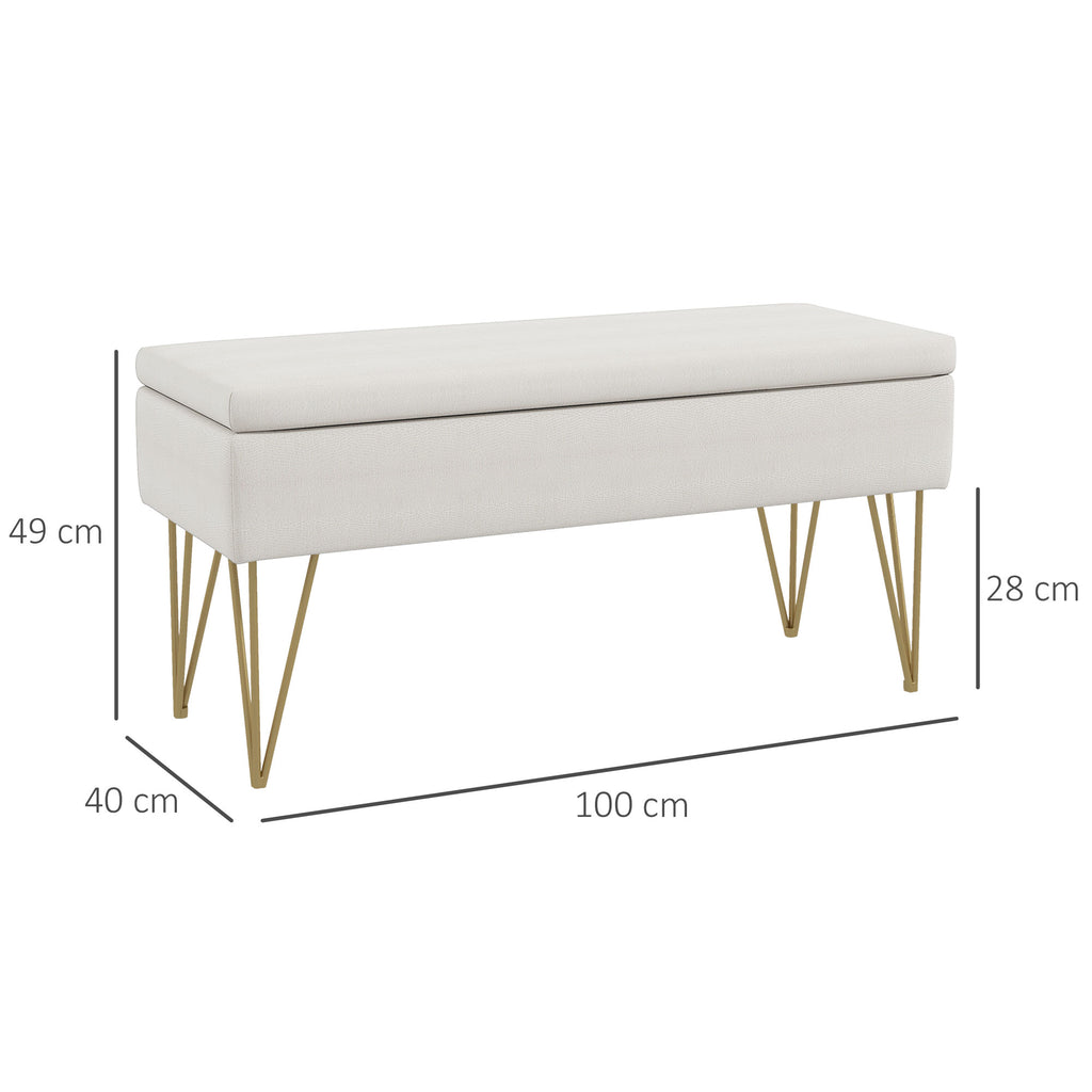 Bed End Bench with Fabric Storage and Steel Legs, 100x40x49cm, Cream