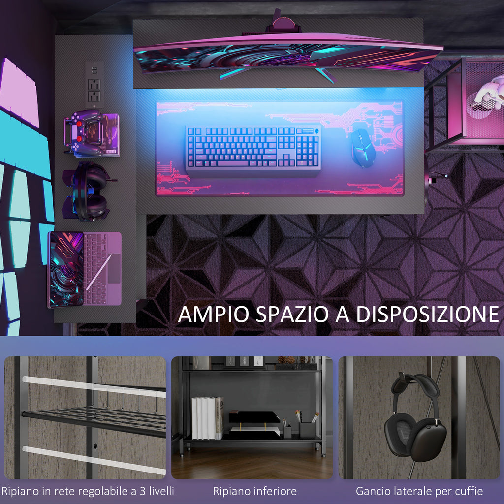 Reversible Corner Desk with LED, Power and USB Sockets, Shelves and Monitor Stand, Black