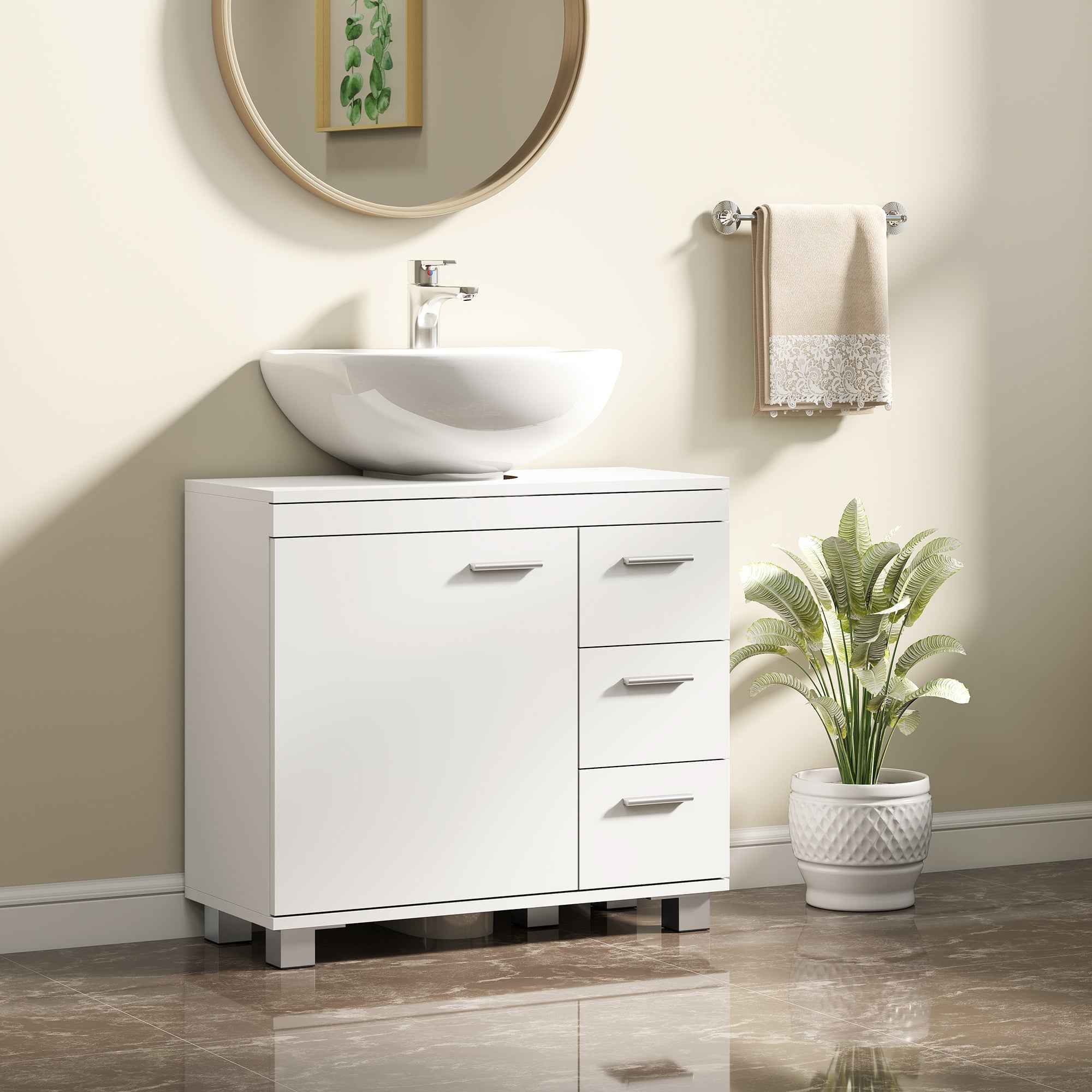HOMCOM Bathroom Vanity Unit with Cabinet, Shelves and Drawers, White