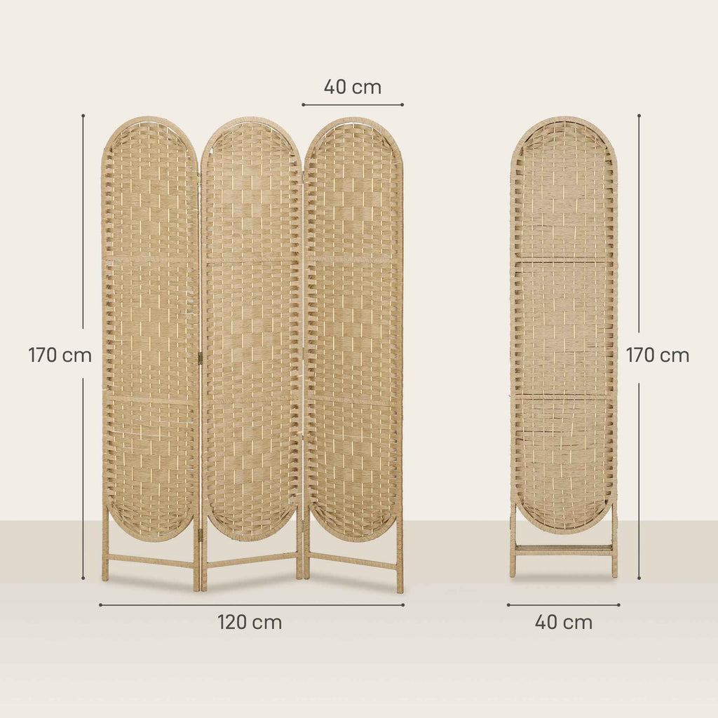 HOMCOM 3-Panel Folding Room Divider, 120x170 cm, Bohemian Style, Made of Paper and Pine Wood, Wood Color