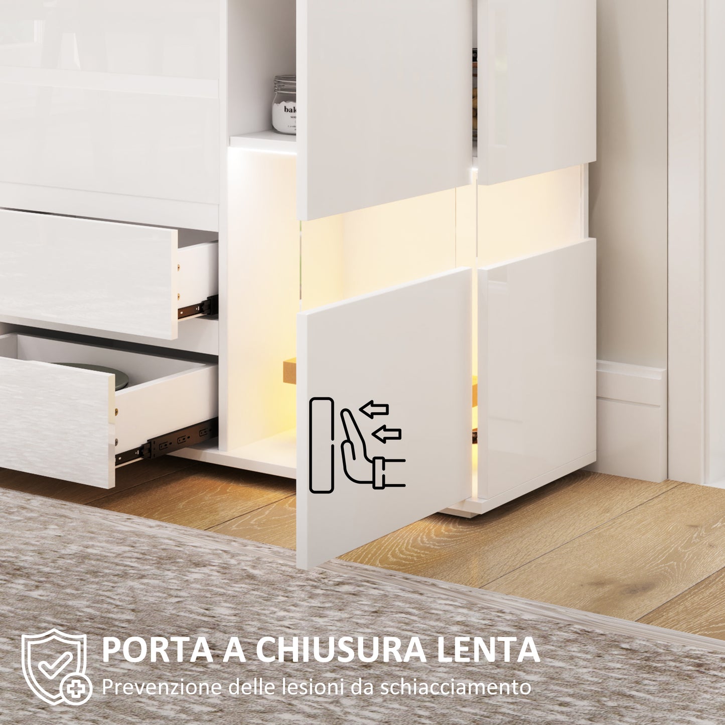 Modern Sideboard with LED Adjustable with Remote Control, 4 Drawers and 2 Cabinets, 120x34x70 cm, White