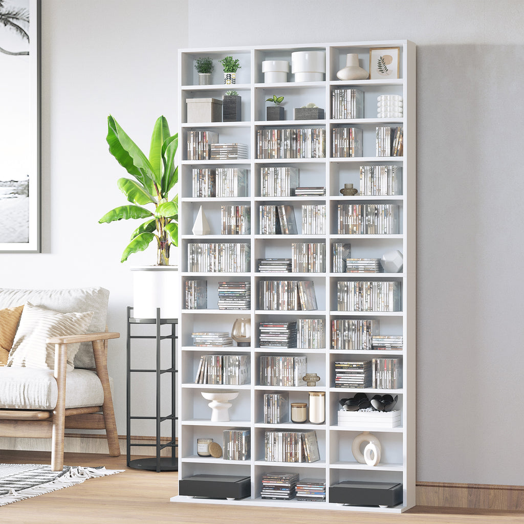 Wooden CD Bookcase with 3 Columns and 12 Adjustable Shelves, 102 x 23.5 x 195 cm, White