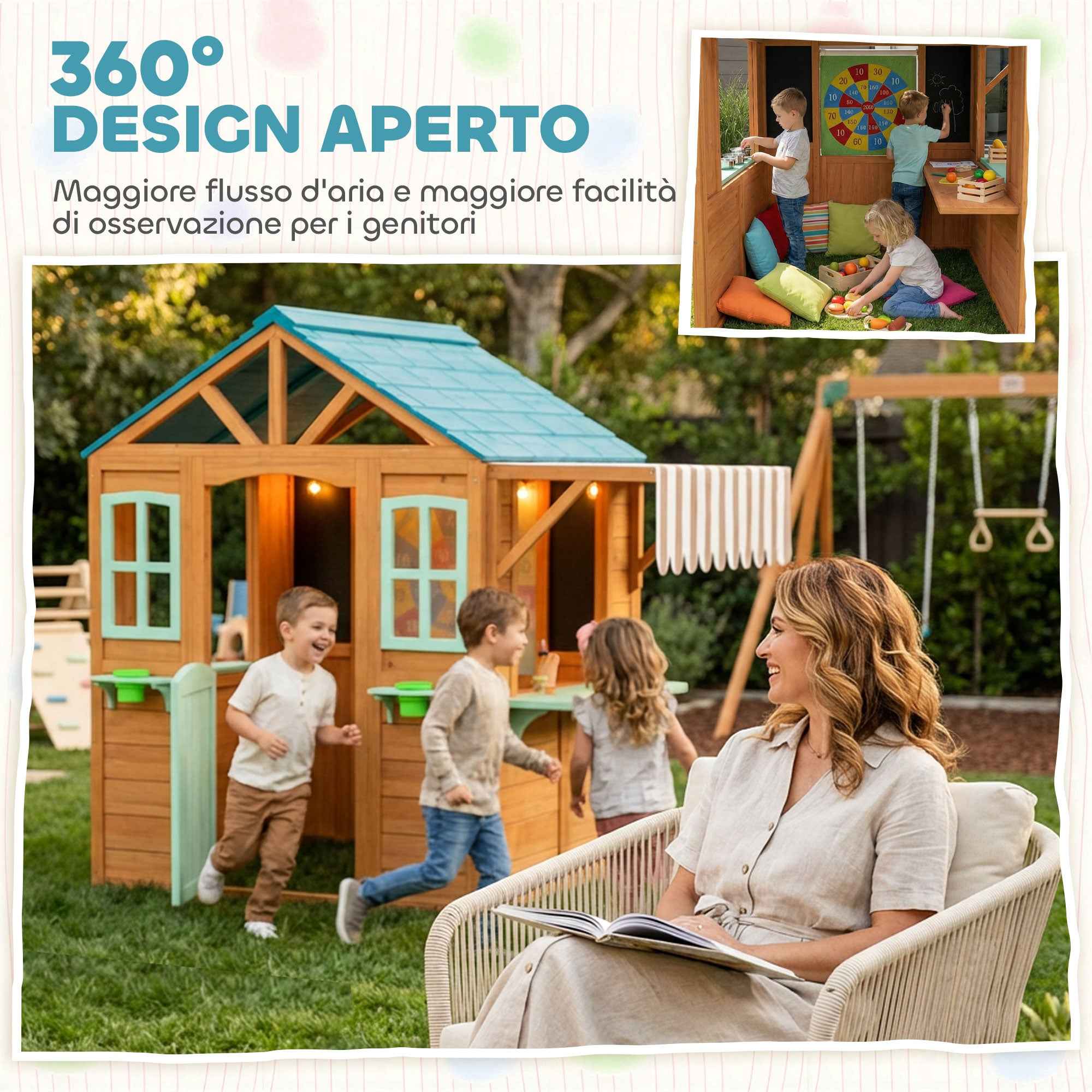 Children's Garden Playhouse with Window, Snack Bar, Half Door, Plant Stand, Target Cloth, 4 Balls, Blackboard