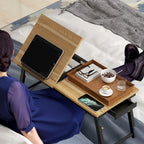 Tilting and Adjustable Monitor Stand with Side Drawer, in Wood, 86x33x22.5-32 cm, Oak and Black