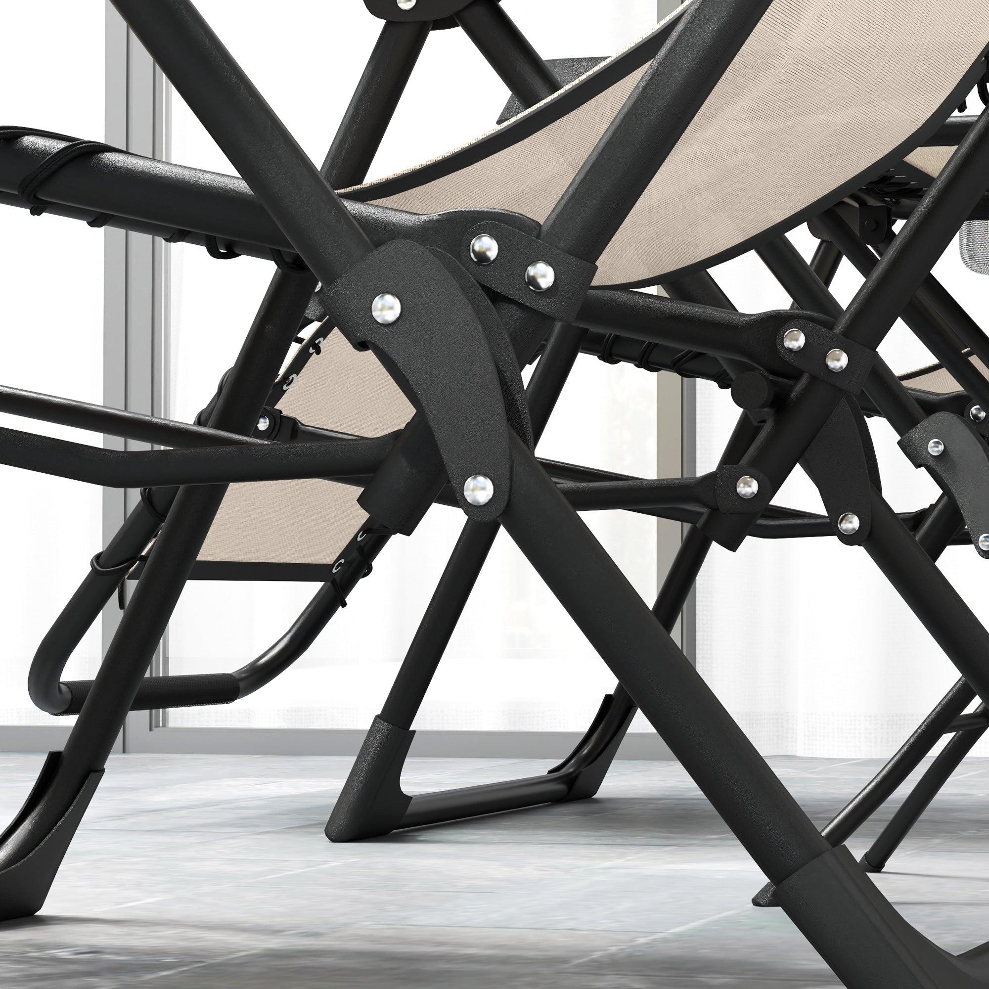 Set of 2 Folding Zero Gravity Deck Chairs with Adjustable Backrest and Table, Beige