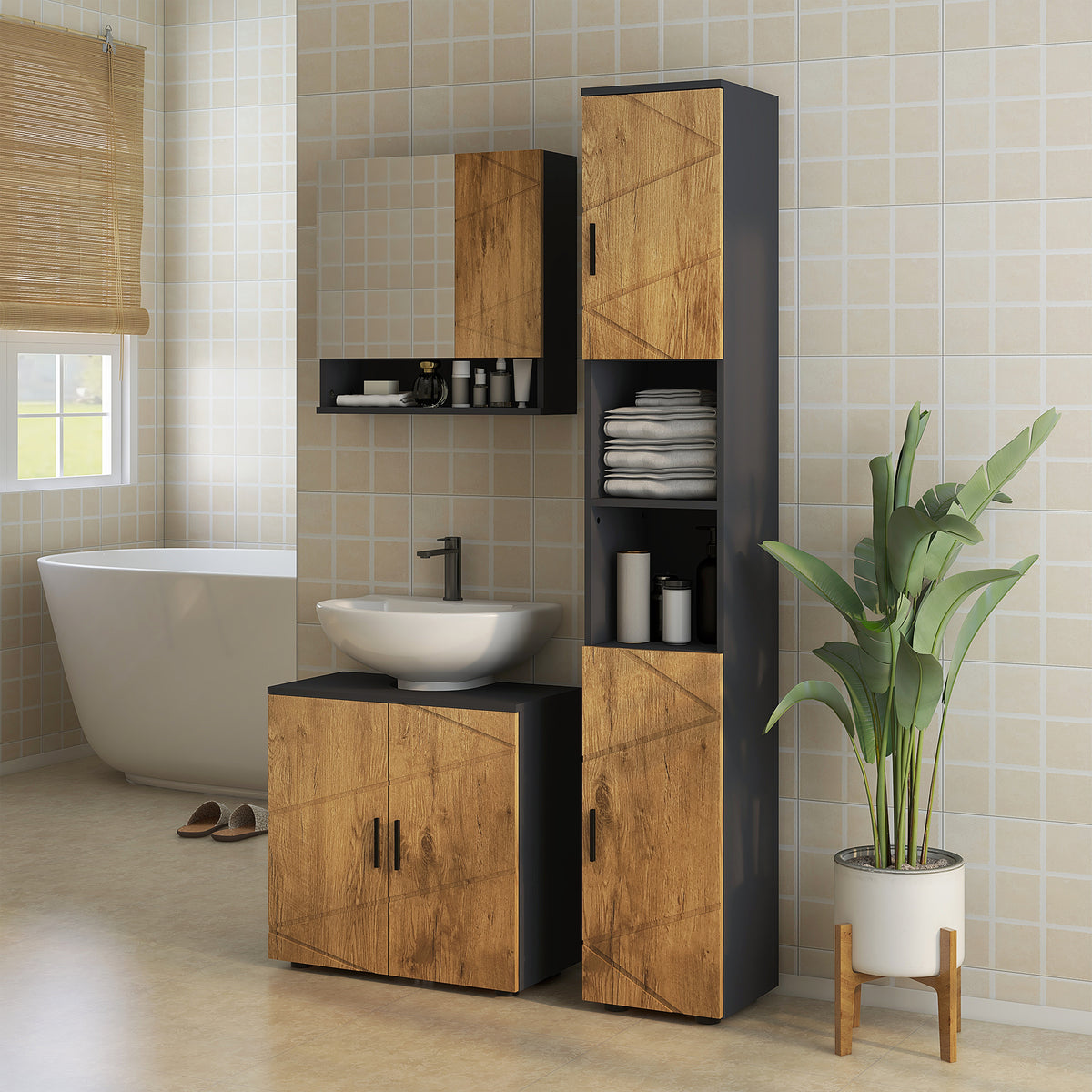 kleankin Chipboard Bathroom Column with 2 Open Shelves and 2 Double-Tier Cabinets, 30x30x183 cm, Oak