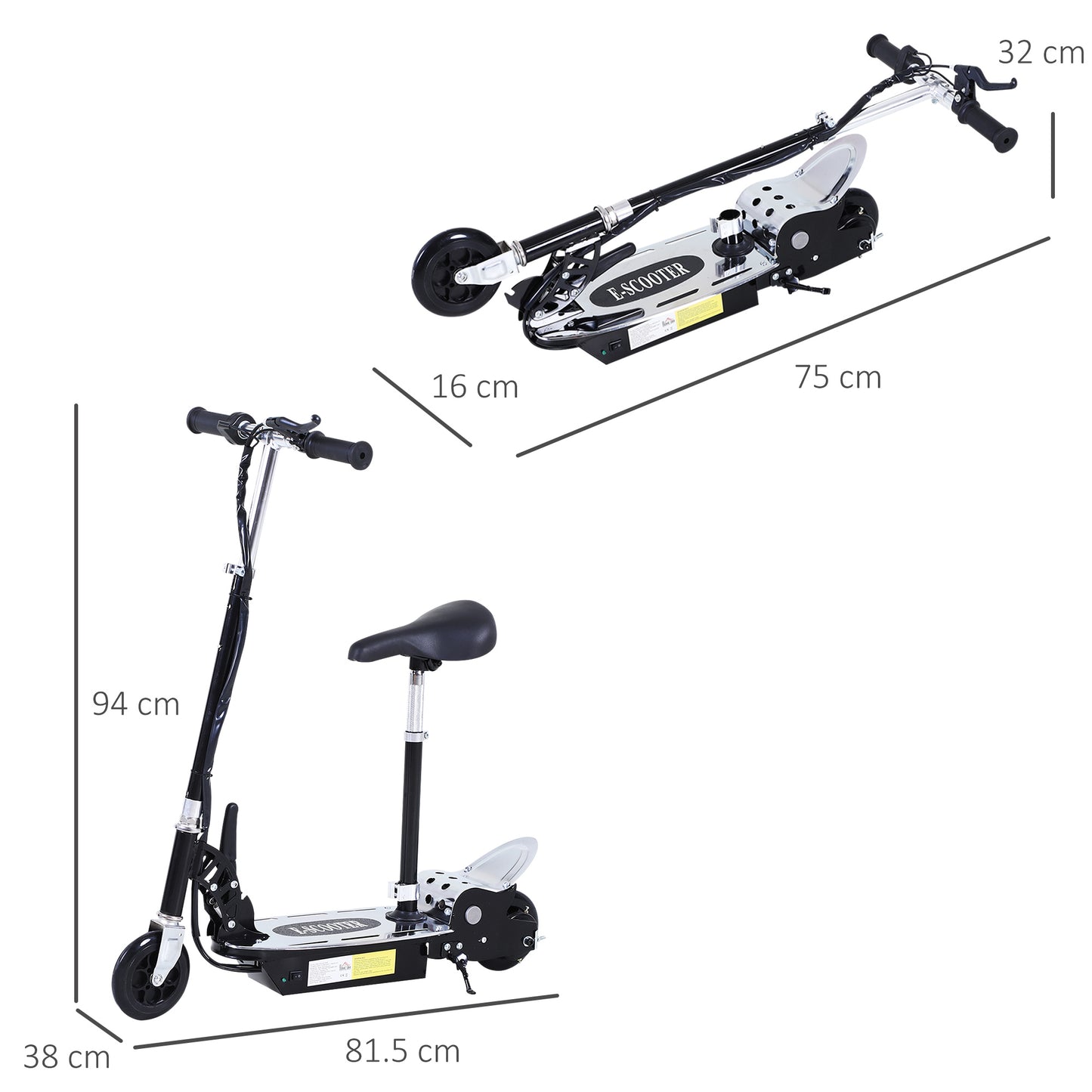 HOMCOM Folding Electric Scooter with Saddle, 2 Wheels and Adjustable Handlebar, Children 7-12 Years, 81.5x38x94cm, Black - Borgè