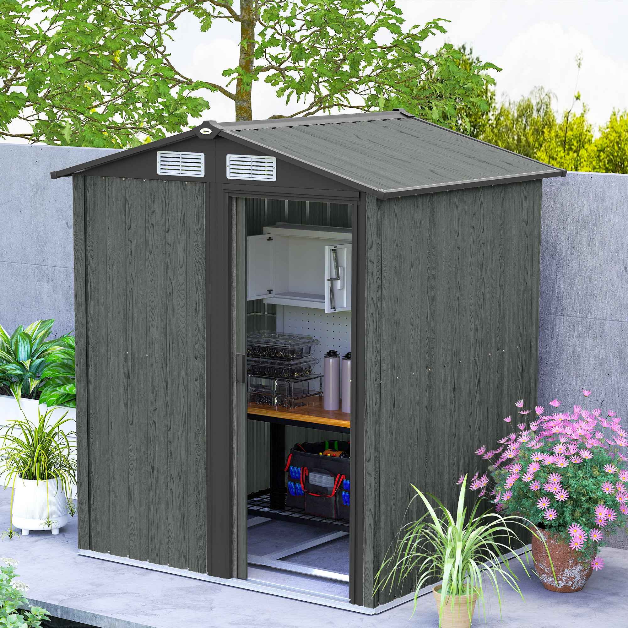 Outsunny Steel Garden Shed with Sloped Roof and 4 Air Vents, 152x132x188 cm, Grey