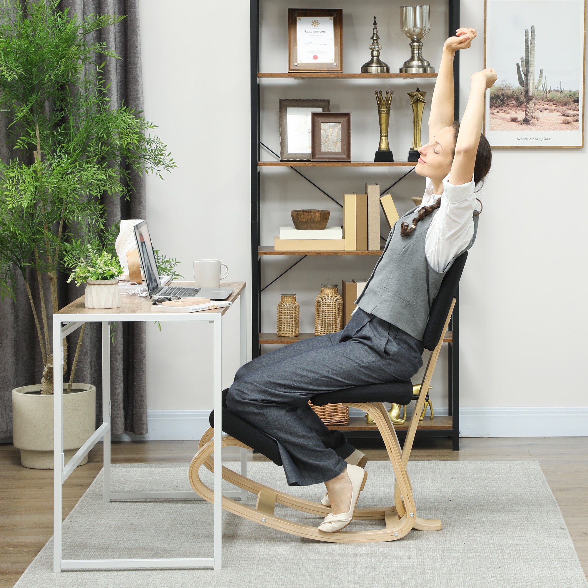 Rocking Kneeling Chair in Linen-Effect Fabric and Birch Wood, 51x84x93 cm, Black