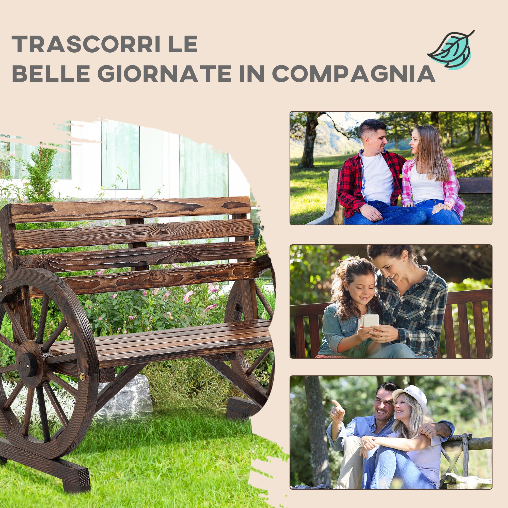 Outsunny 2-Seater Garden Bench with Slatted Frame and Wagon Wheel Armrests, Wooden, 105.5x56x79 cm, Burnt Brown