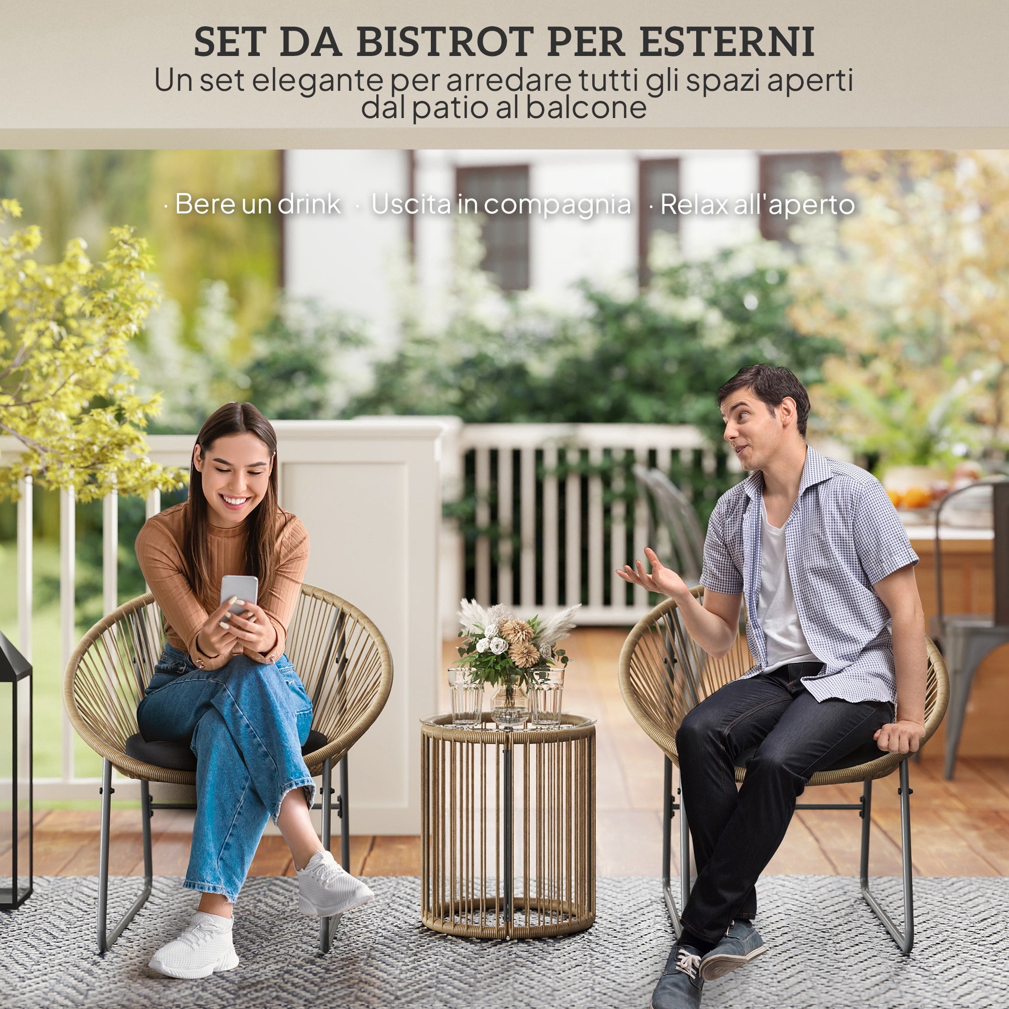 3 Piece Rattan and Steel Garden Set with 2 Chairs with Cushions and Cylinder Coffee Table, Multicolor