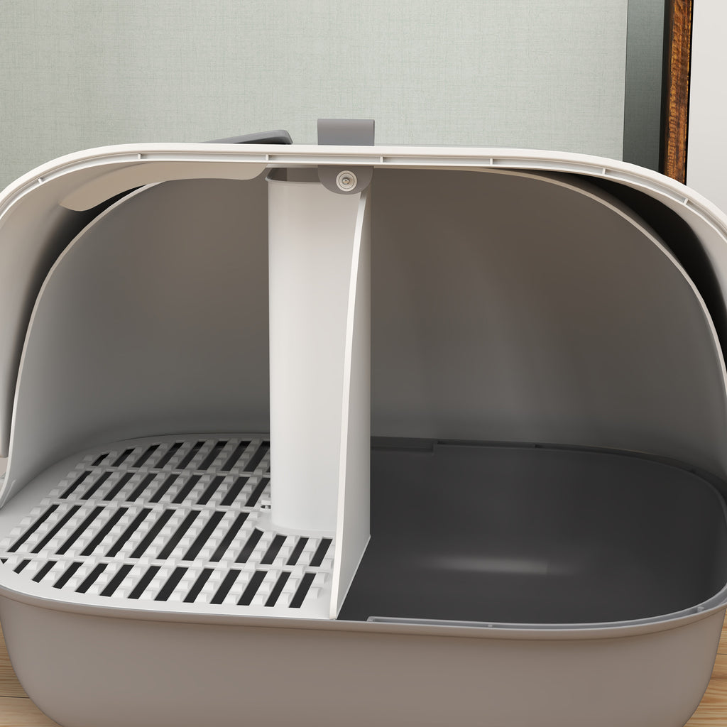 Closed Cat Litter Box with Cat Flap and Scoop, in PP, 58x46x39 cm, Light Gray and White