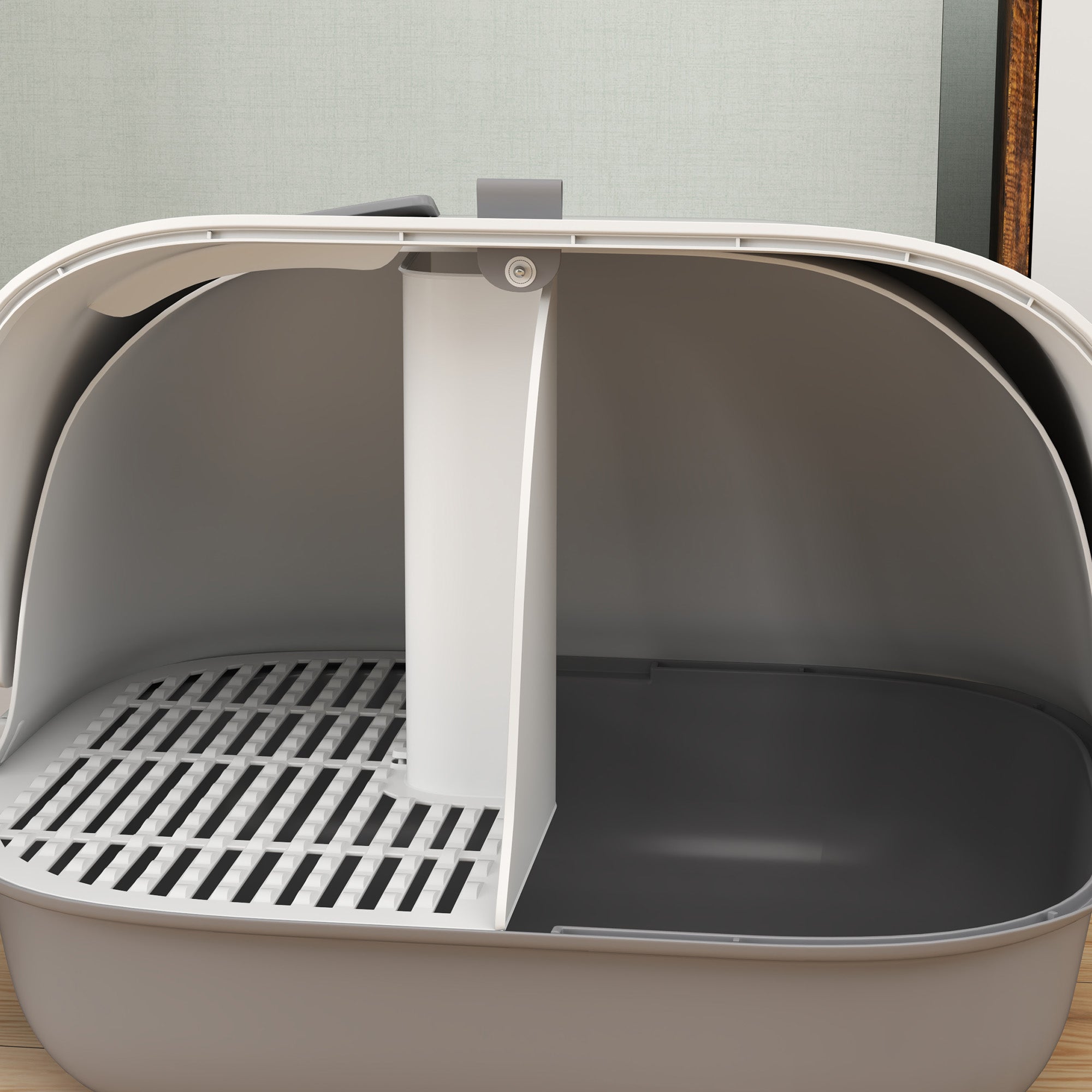 Closed Cat Litter Box with Cat Flap and Scoop, in PP, 58x46x39 cm, Light Gray and White