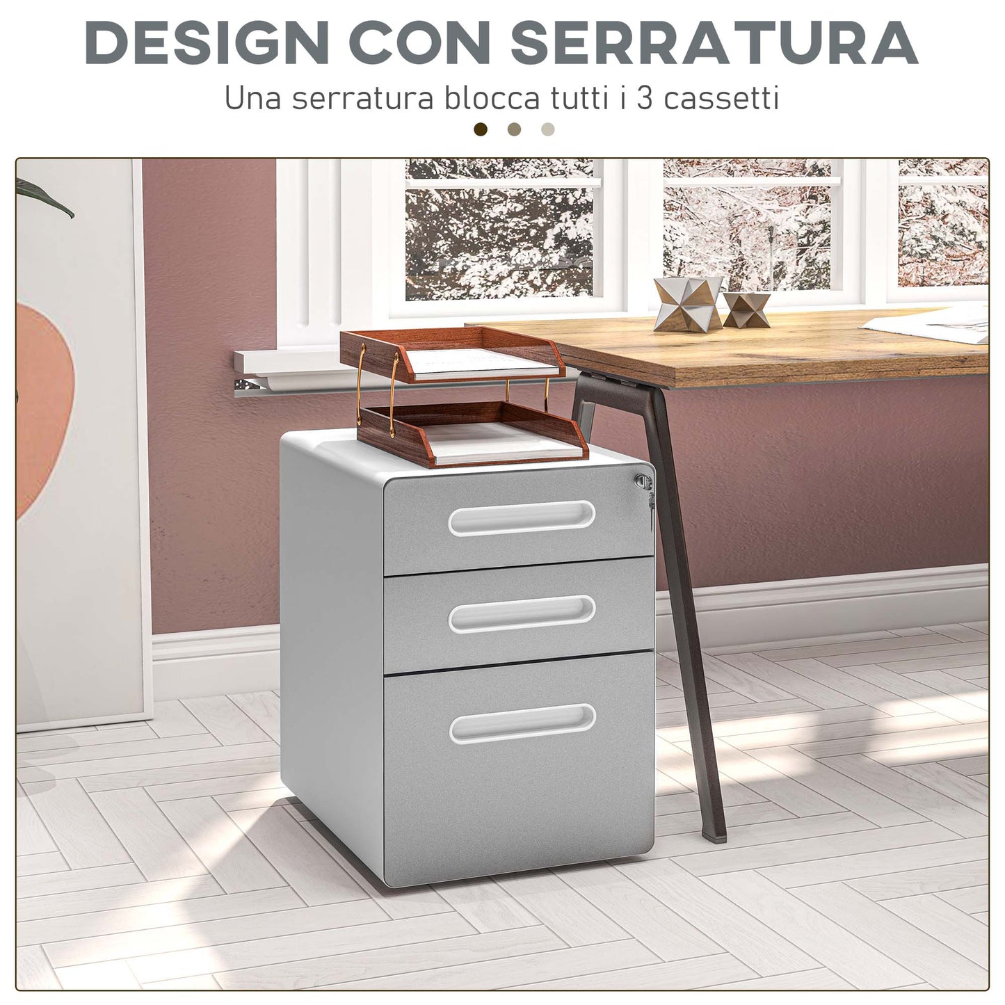 3 Drawer Office Chest with Lock, Wheels, A4, Legal and Letter Size Document Holder, Light Grey