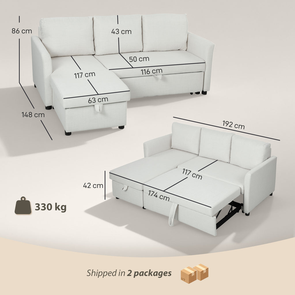 Linen-Effect Corner Sofa Bed with Retractable Storage Compartment, 192x148x86 cm, Cream White