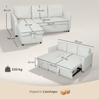 Linen-Effect Corner Sofa Bed with Retractable Storage Compartment, 192x148x86 cm, Cream White