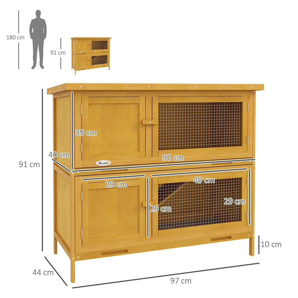 PawHut 2-Tier Rabbit Hutch in Fir Wood and Tar with Ramp, 2 Removable Trays, 4 Doors, 97x44x91 cm, Yellow