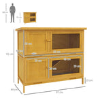 PawHut 2-Tier Rabbit Hutch in Fir Wood and Tar with Ramp, 2 Removable Trays, 4 Doors, 97x44x91 cm, Yellow