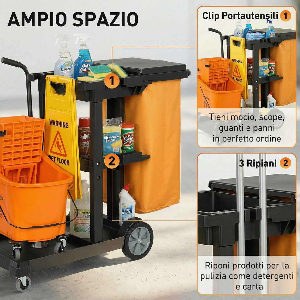 HOMCOM Cleaning Trolley: Wheels, 3 Shelves, 70L Bag, Bucket with Wringer.