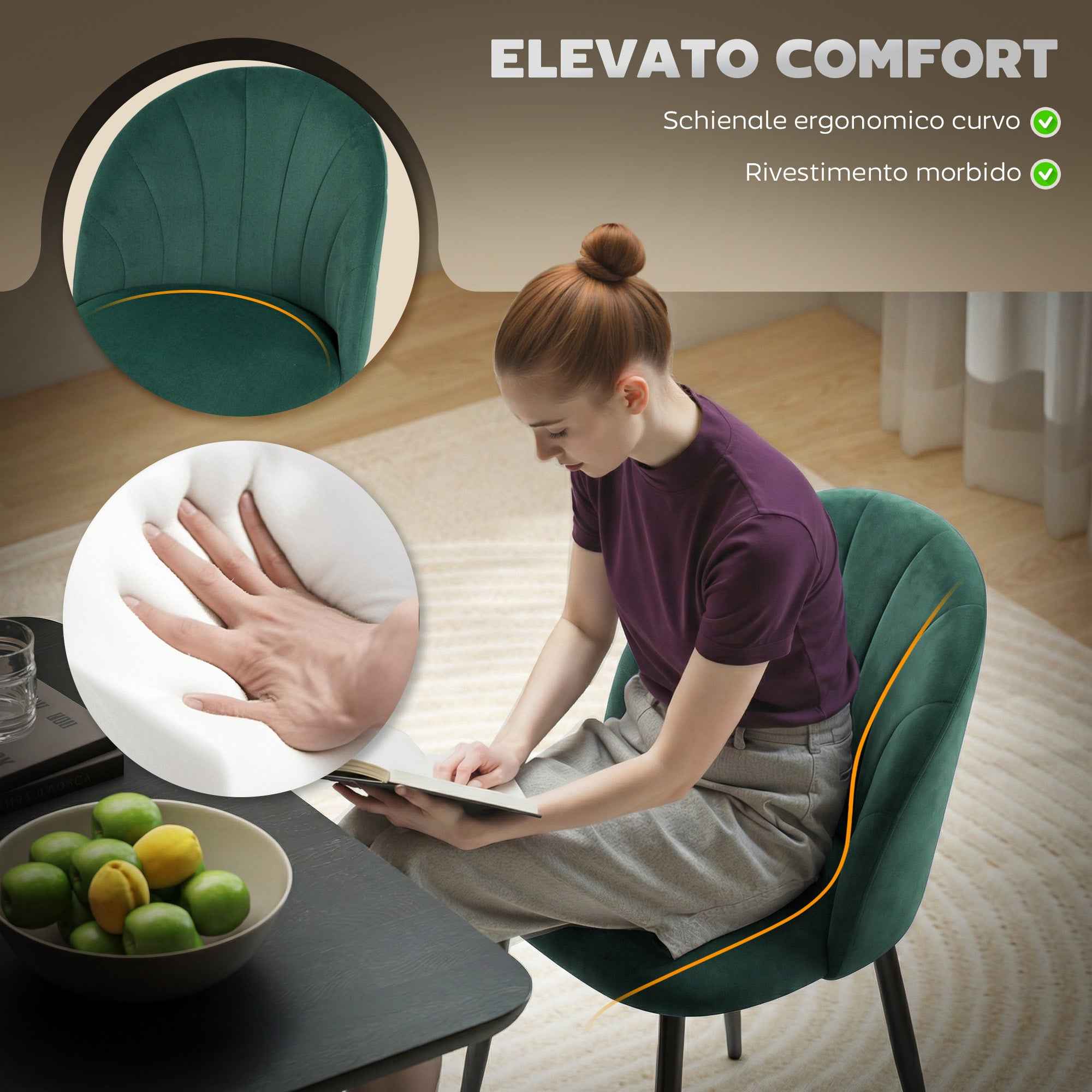 HOMCOM Set of 2 Velvet Shell-Back Dining Chairs, 52 x 55 x 79 cm, Dark Green