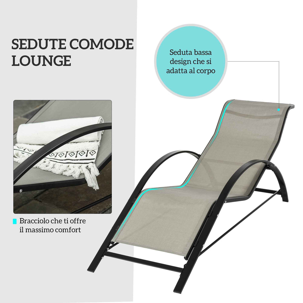 Outsunny Set of 2 Sun Loungers and Coffee Table with Glass Top, 59x169x66 cm, Grey