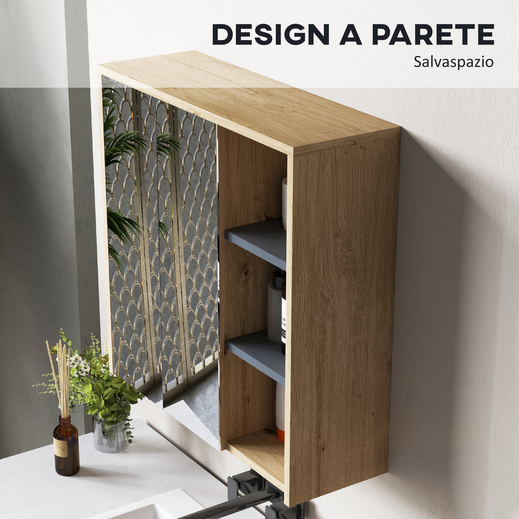 Bathroom Mirror Cabinet with 2 Doors, 60x20x60 cm Bathroom Cabinet with Mirror, Open Compartment, Natural