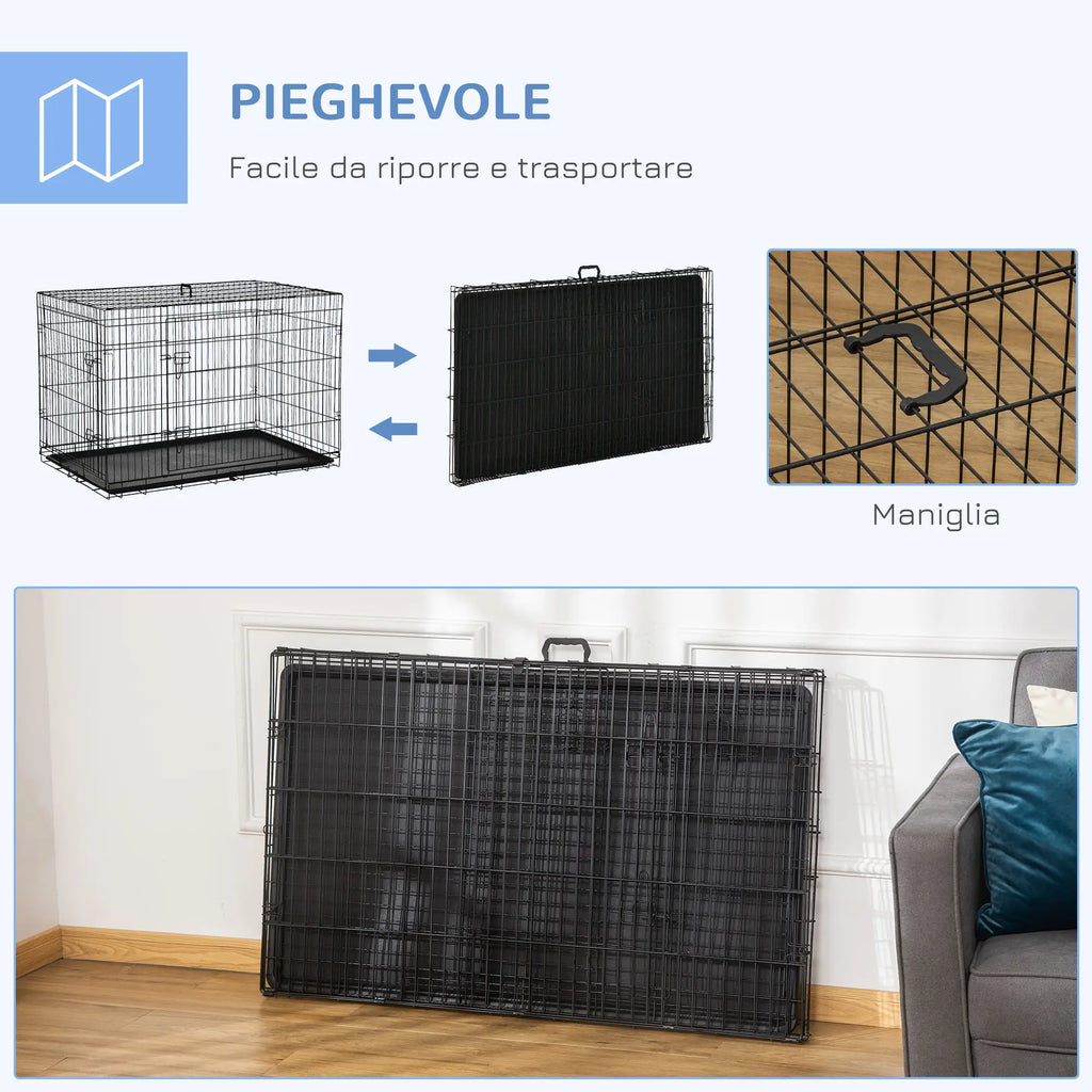 Pet Cage Foldable Steel Double Opening Dog and Cat Carrier, 121x77x82cm, Black - Borge' Group Limited
